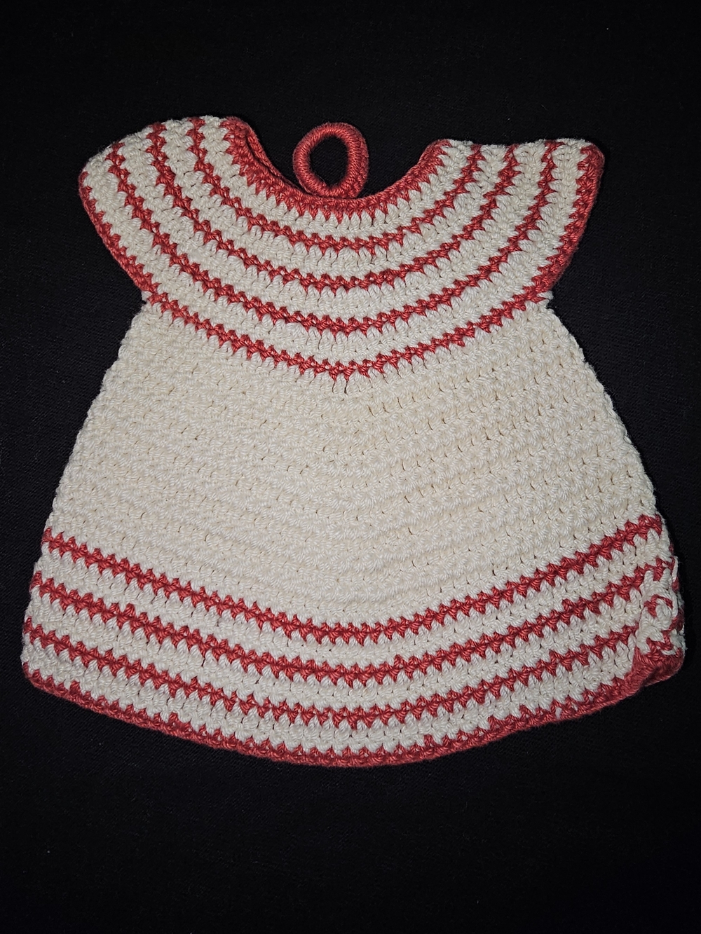 Handmade Cream and Red Crochet Dress Pot Holder